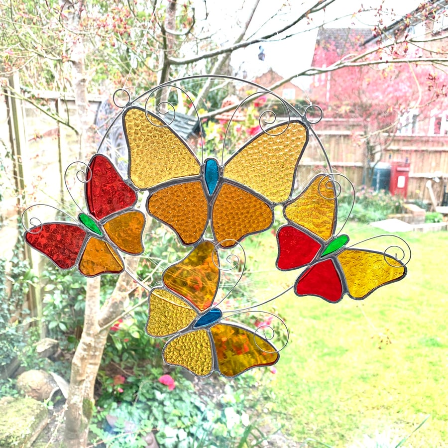 Stained Glass Butterfly Ring - Handmade Hanging Decoration - Amber and Red