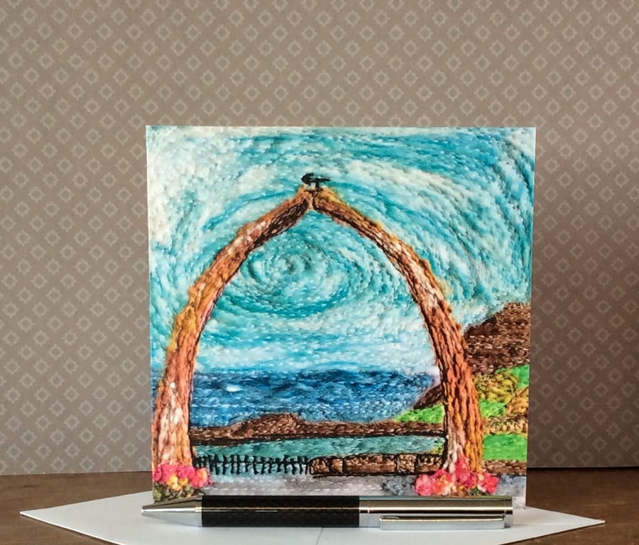 Seascape printed card of the Whitby whale bones over looking the sea. 