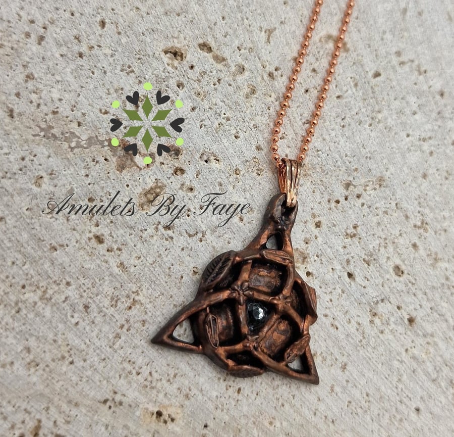 Copper Triquetra with Leaves, Flowers and A Peridot Gemstone Pendant Necklace.
