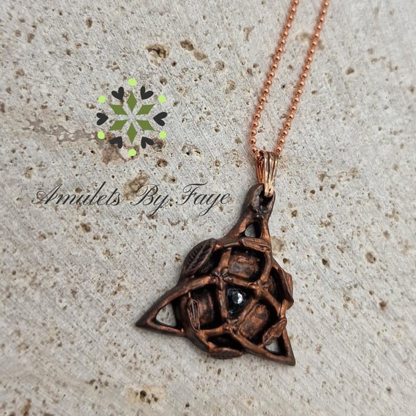 Copper Triquetra with Leaves, Flowers and A Peridot Gemstone Pendant Necklace.