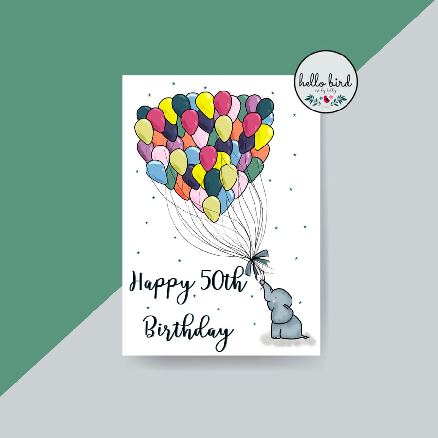 50th Birthday Card - Cute Elephant Card