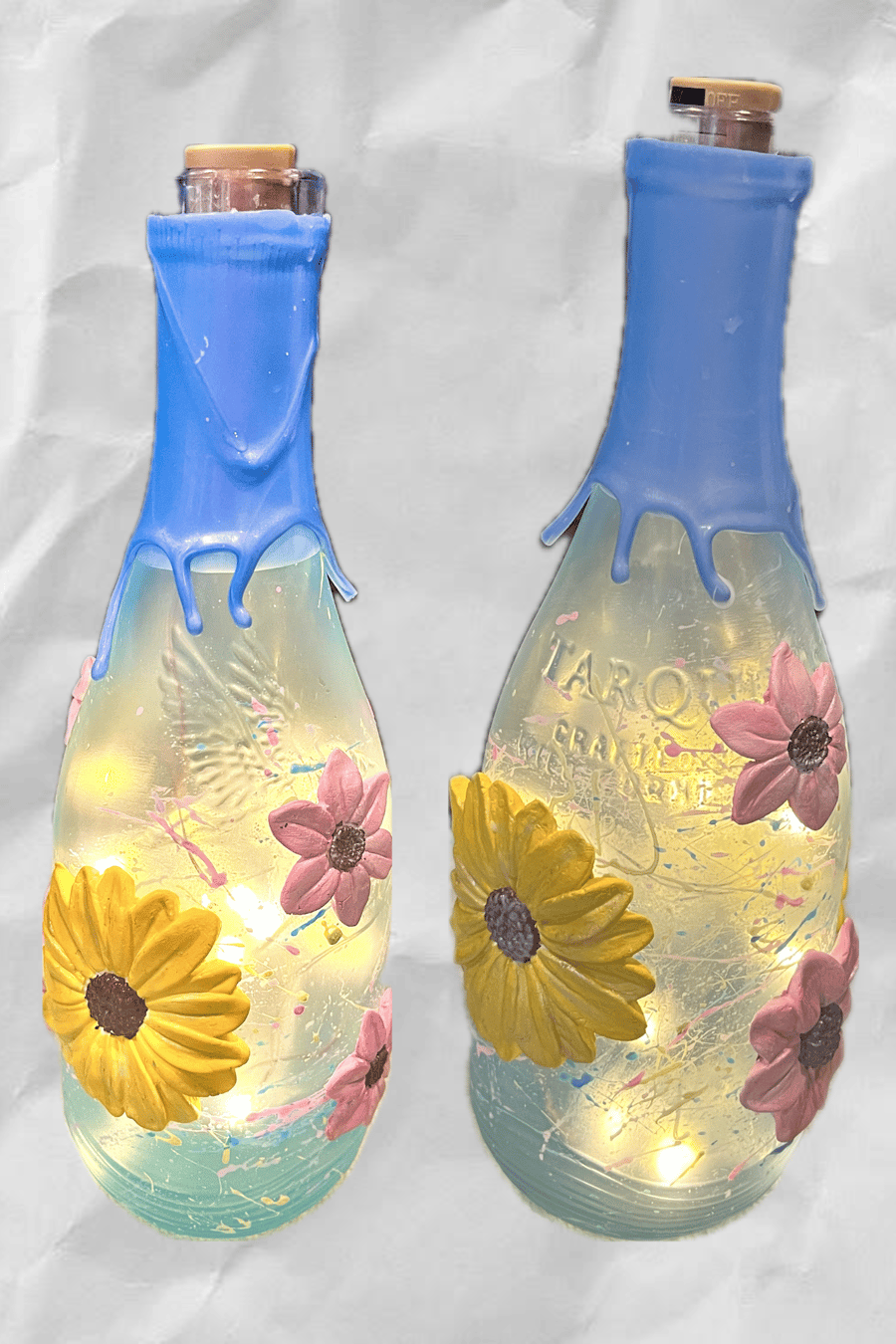 Hand painted up cycled light up bottle with 3D flowers 