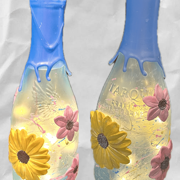 Hand painted up cycled light up bottle with 3D flowers 