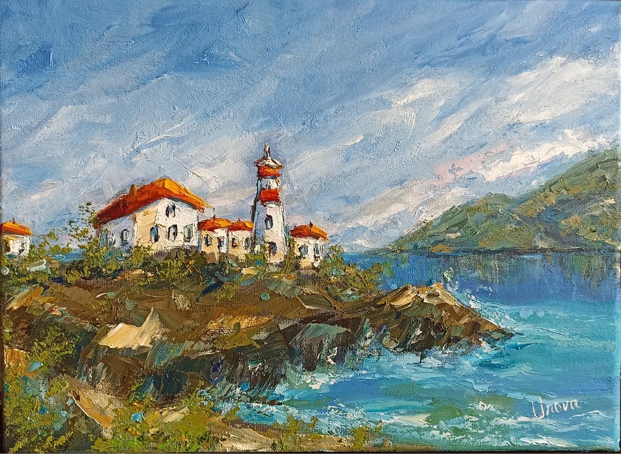 Original Oil Painting Lighthouse Seascape Portland Bill Textured palette knife 