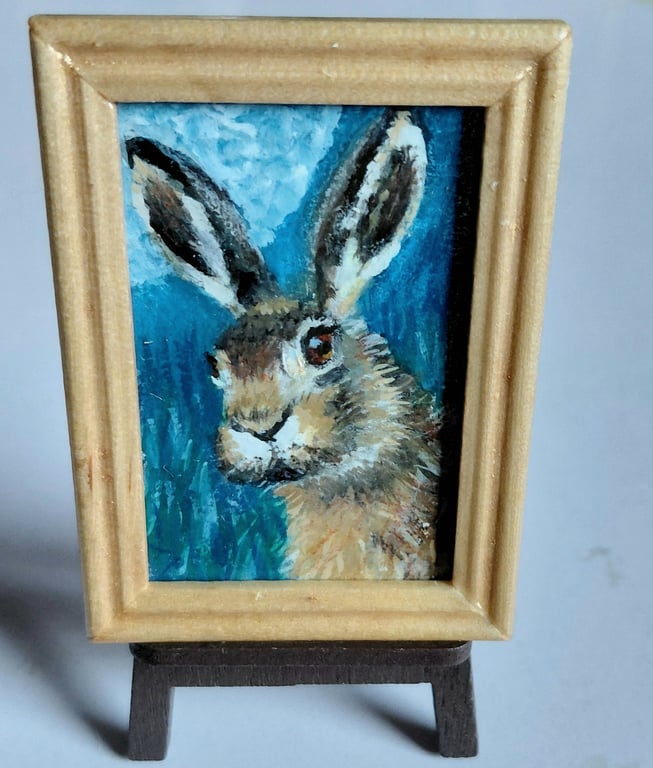 Moonlit Hare Miniature Original Oil Painting Dollhouses and Small Spaces 