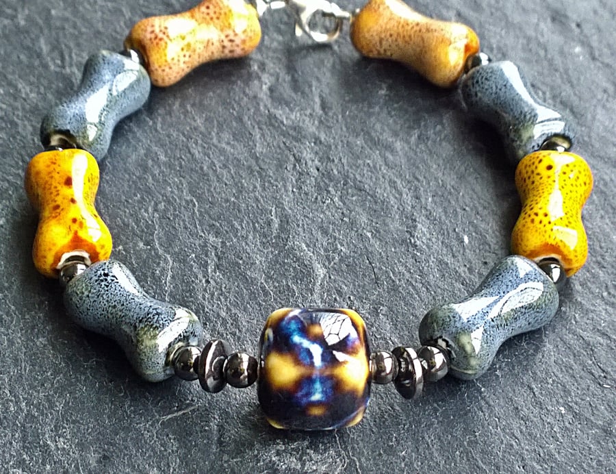 Bone and Cube Shaped Ceramic Beaded Bracelet. Hematite, 925 Silver