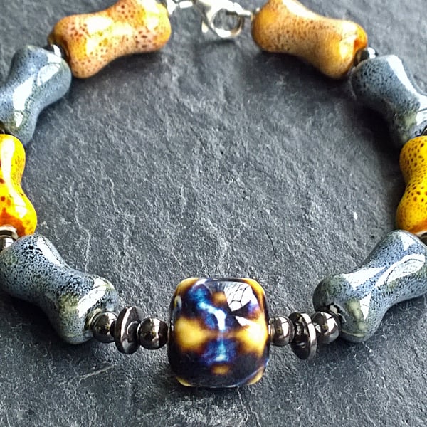 Bone and Cube Shaped Ceramic Beaded Bracelet. Hematite, 925 Silver