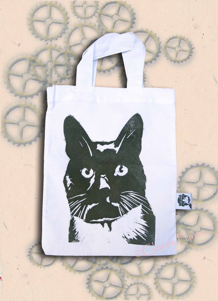 Black & White Cat Lino-Printed Hand Printed Mini Tote Shopping Bag Children