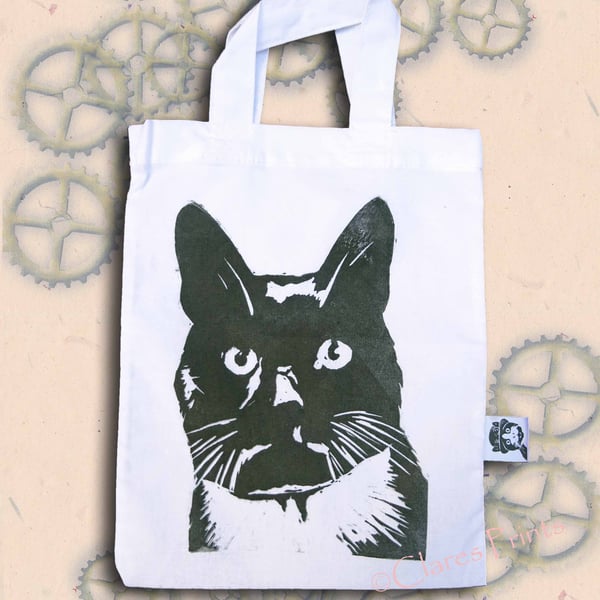 Black & White Cat Lino-Printed Hand Printed Mini Tote Shopping Bag Children