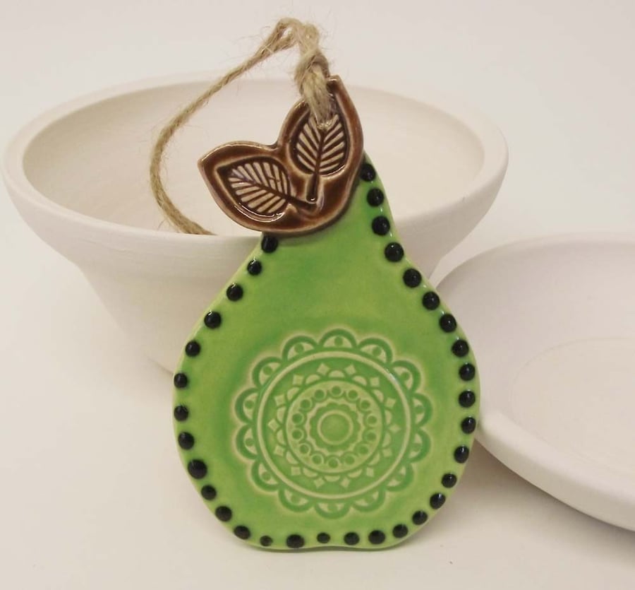 ceramic Folk art style green pear decoration