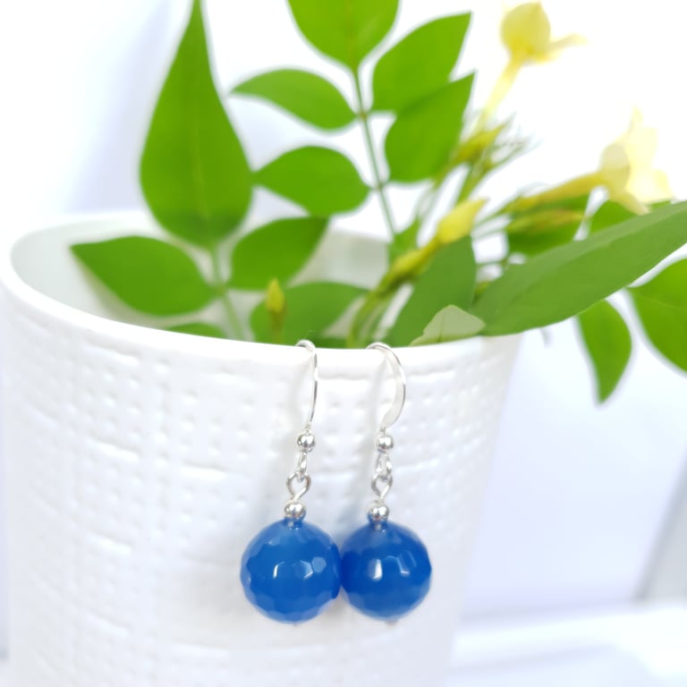 Blue Gemstone Drop Earrings Faceted Agate & Sterling Silver Dangle Earrings