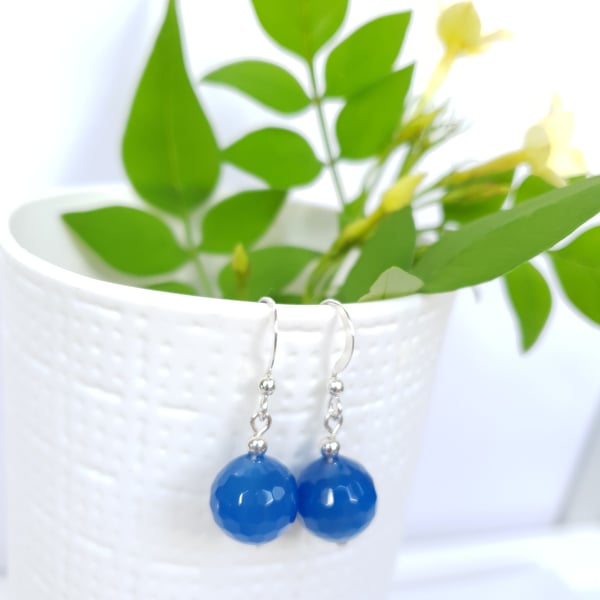 Blue Gemstone Drop Earrings Faceted Agate & Sterling Silver Dangle Earrings