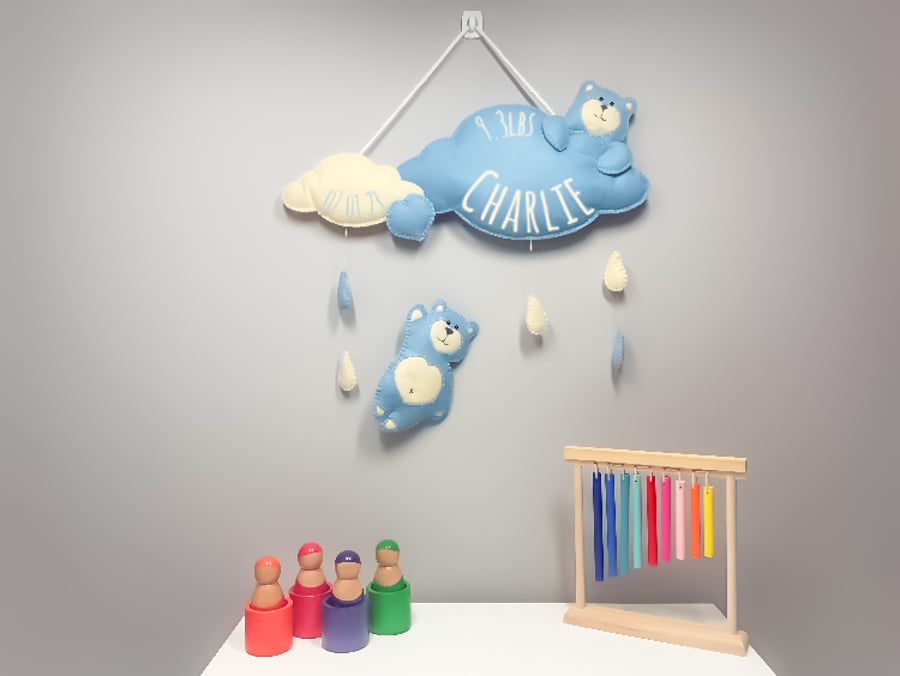Blue and Beige Teddy Bear Showers - Personalised felt nursery wall and door sign