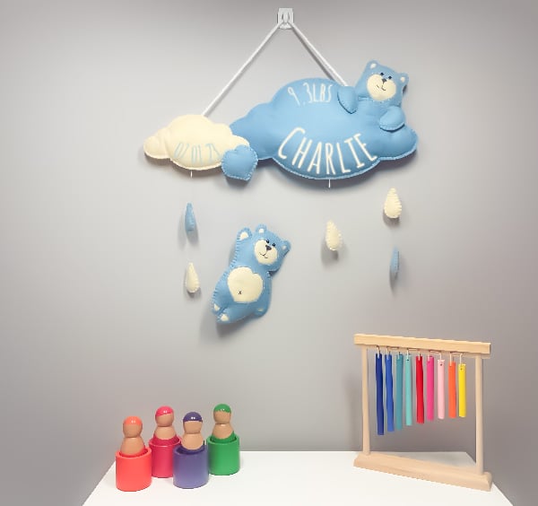 Blue and Beige Teddy Bear Showers - Personalised felt nursery wall and door sign