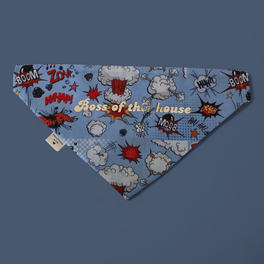 Handmade M dog bandana with funny quote boss of the house 