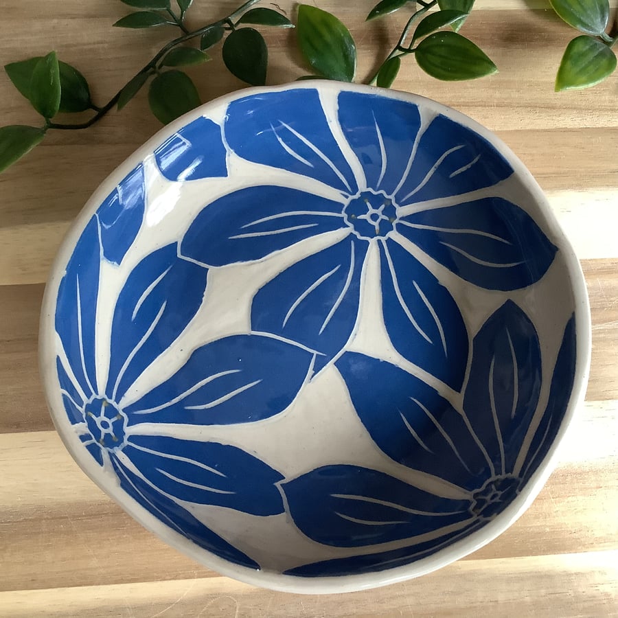 Handmade stoneware blue flower bowl tapas dessert dish tableware