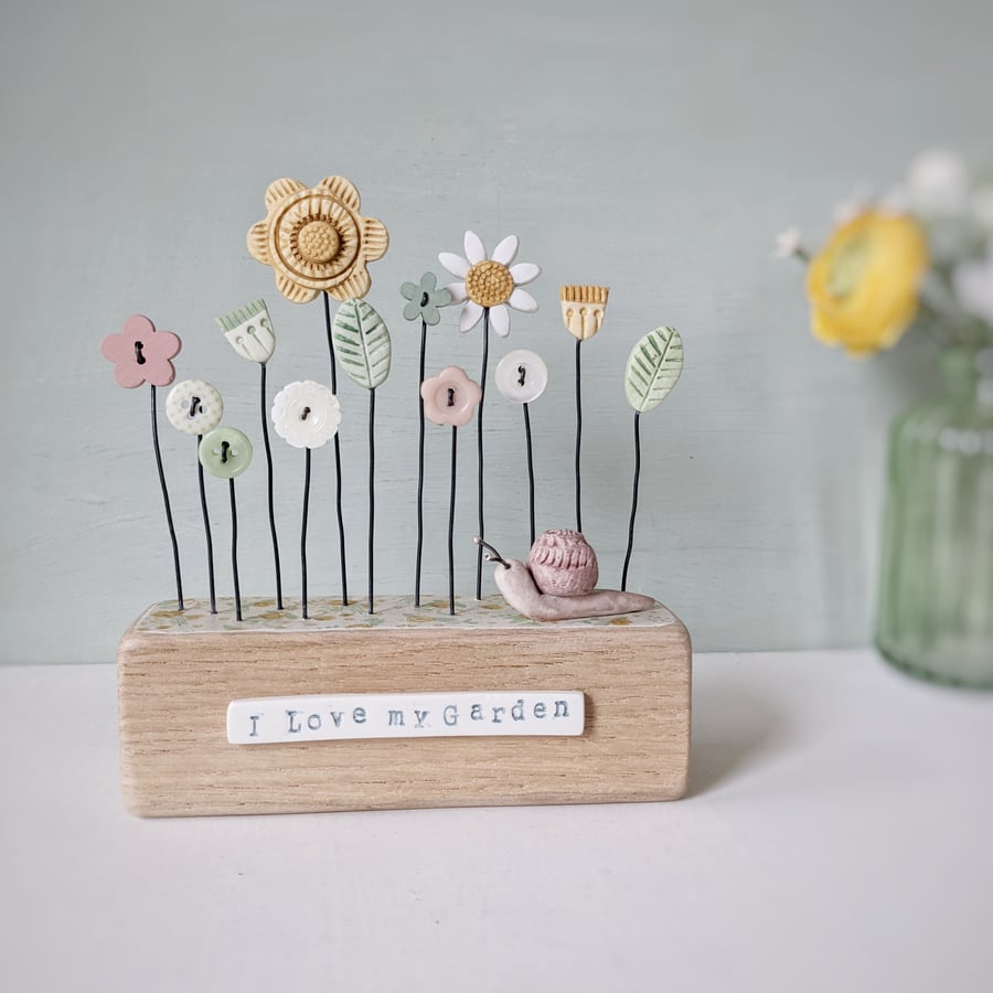 Clay and Button Flower Garden with Snail 'I Love my Garden'