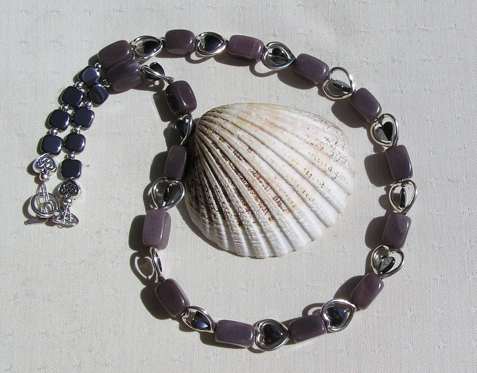Purple Jade & Black Hematite Gemstone Beaded Statement Heart Necklace