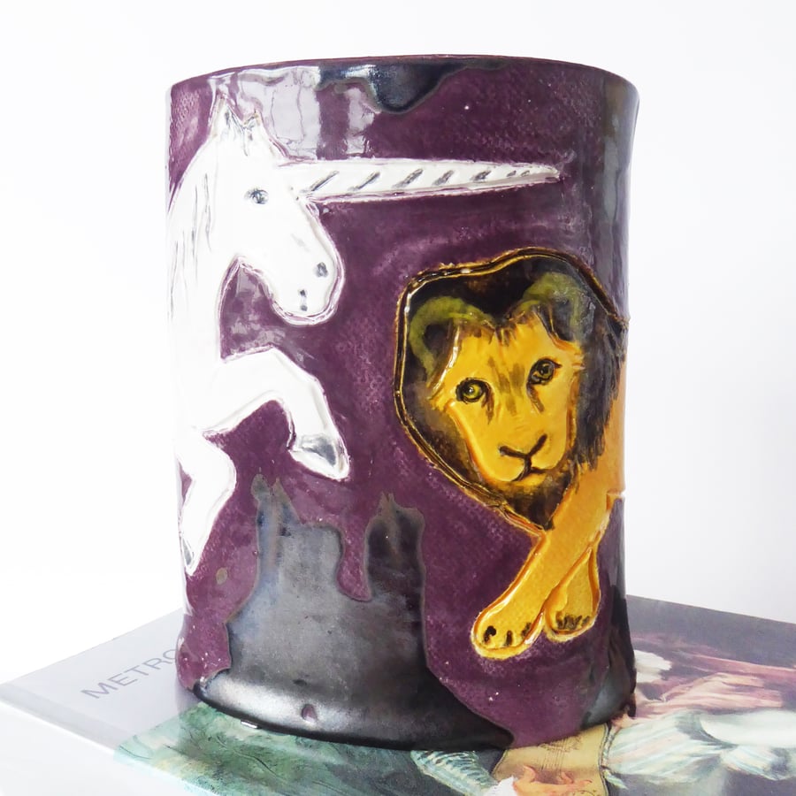 Lion and Unicorn Ceramic Pot - Hand Built from Earthenware Clay