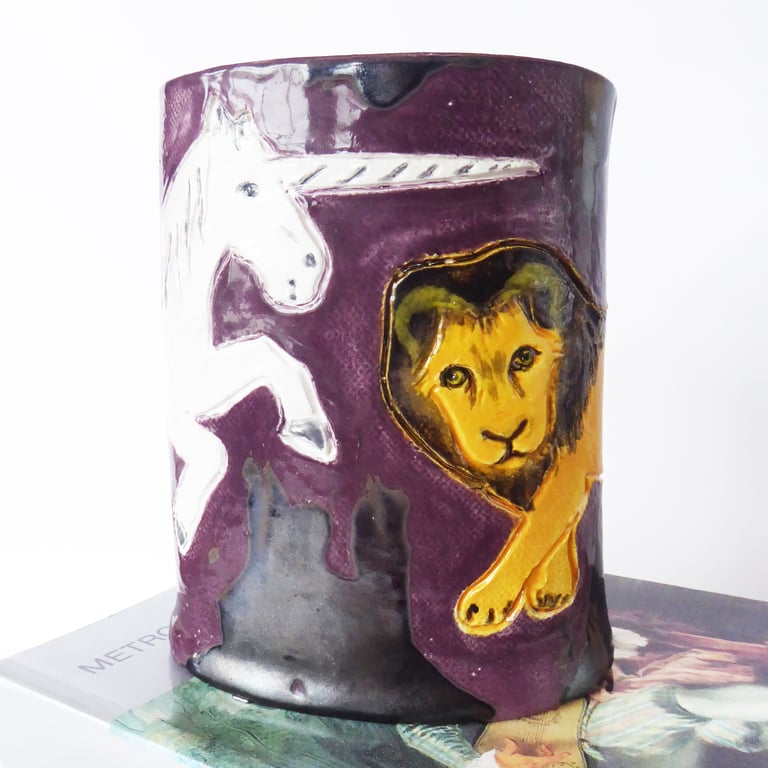 Lion and Unicorn Ceramic Pot - Hand Built from Earthenware Clay