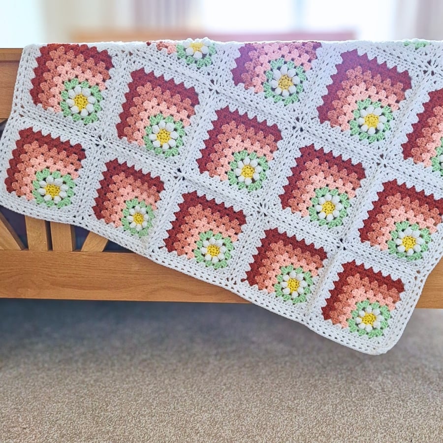 Crochet Daisy Baby Blanket – Peach Granny Squares - Ready to Ship 