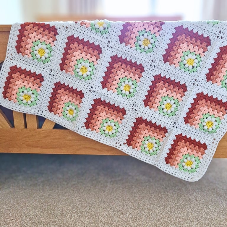 Crochet Daisy Baby Blanket – Peach Granny Squares - Ready to Ship 