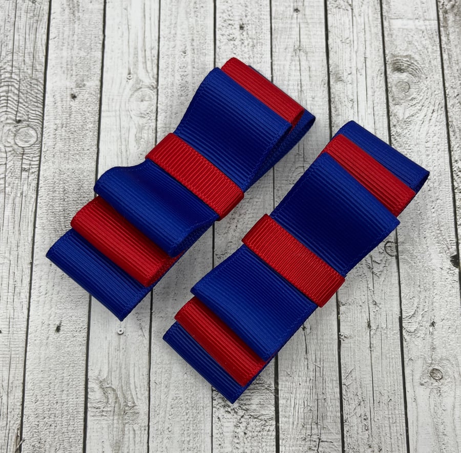 Cobalt Blue and Red 3 inch Straight Bows on Clips (pair)