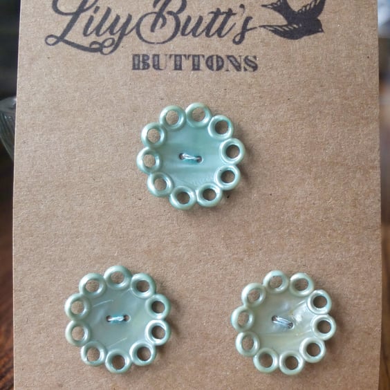 3 Vintage Pearly Green Buttons