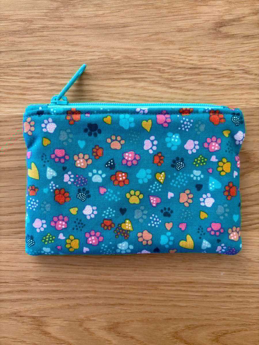 Small zipped fabric purse, pouch, make up bag, turquoise green with paw prints