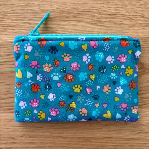 Small zipped fabric purse, pouch, make up bag, turquoise green with paw prints