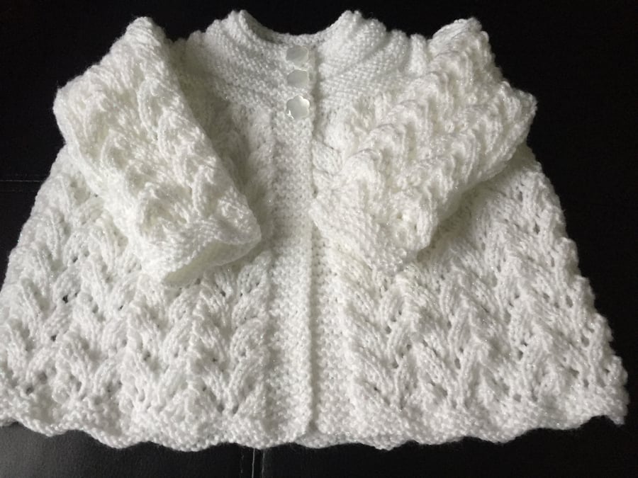 Hand Knitted White Matinee Cardigan, Fits 0 - 3 mths