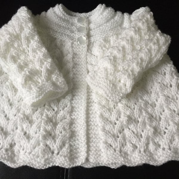 Hand Knitted White Matinee Cardigan, Fits 0 - 3 mths