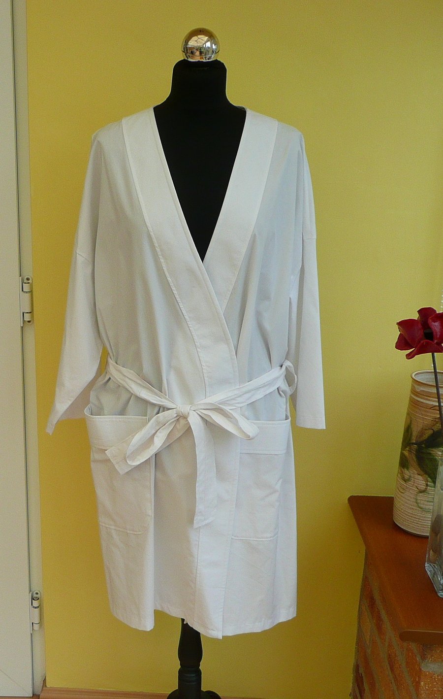 Kimono dressing gown white organic cotton bath robe beach wrap repurpose fabric