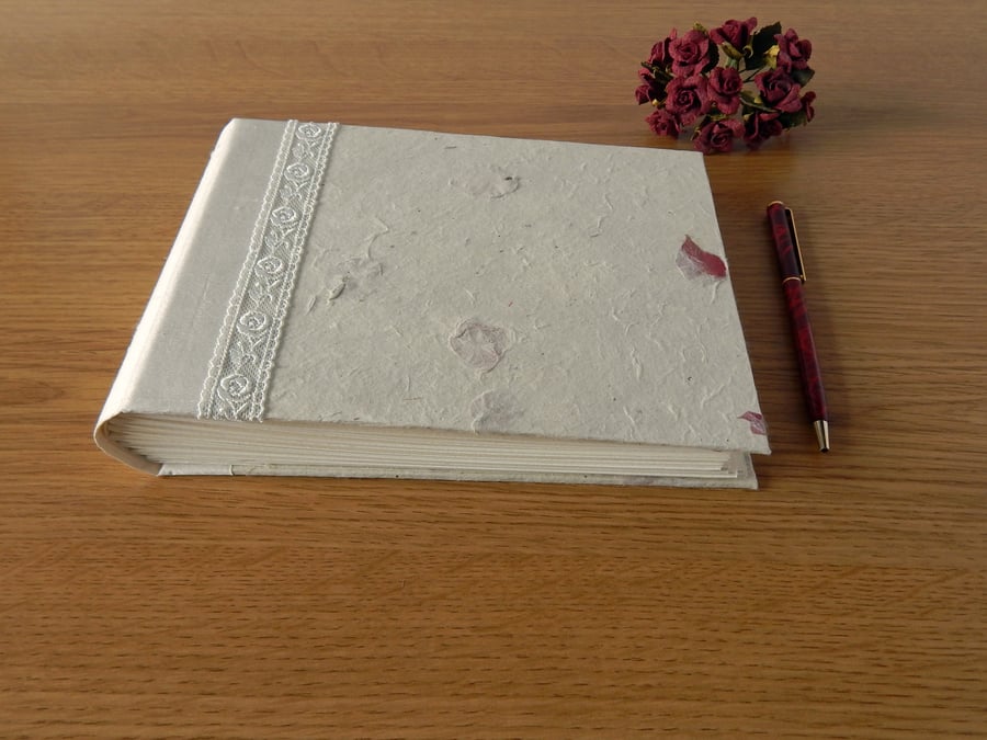 Photo Album; Petal Hand Made Paper and Ivory Silk. Wedding Album, New Baby Gift 
