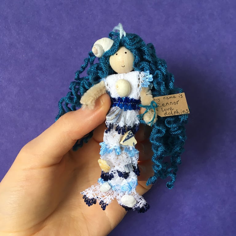 Tiny Mermaid Doll Hanging Decoration, Blue, Sea Themed Mermaid Gift