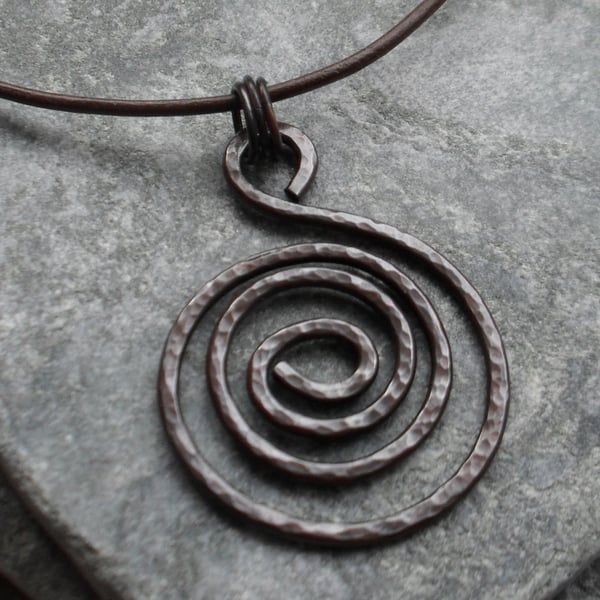 Spiral Oxidised Copper Pendant With Leather Cord and Sterling Silver
