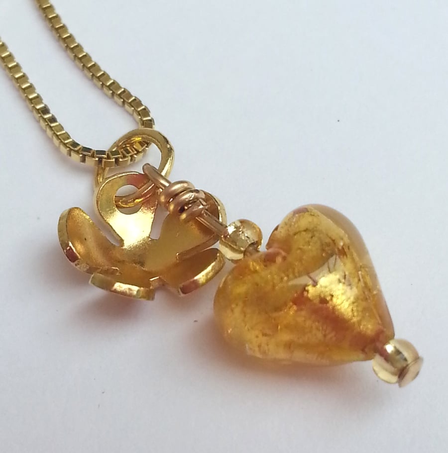 Gold Heart and flower Venetian Glass Necklace Gold plated Sterling Silver  