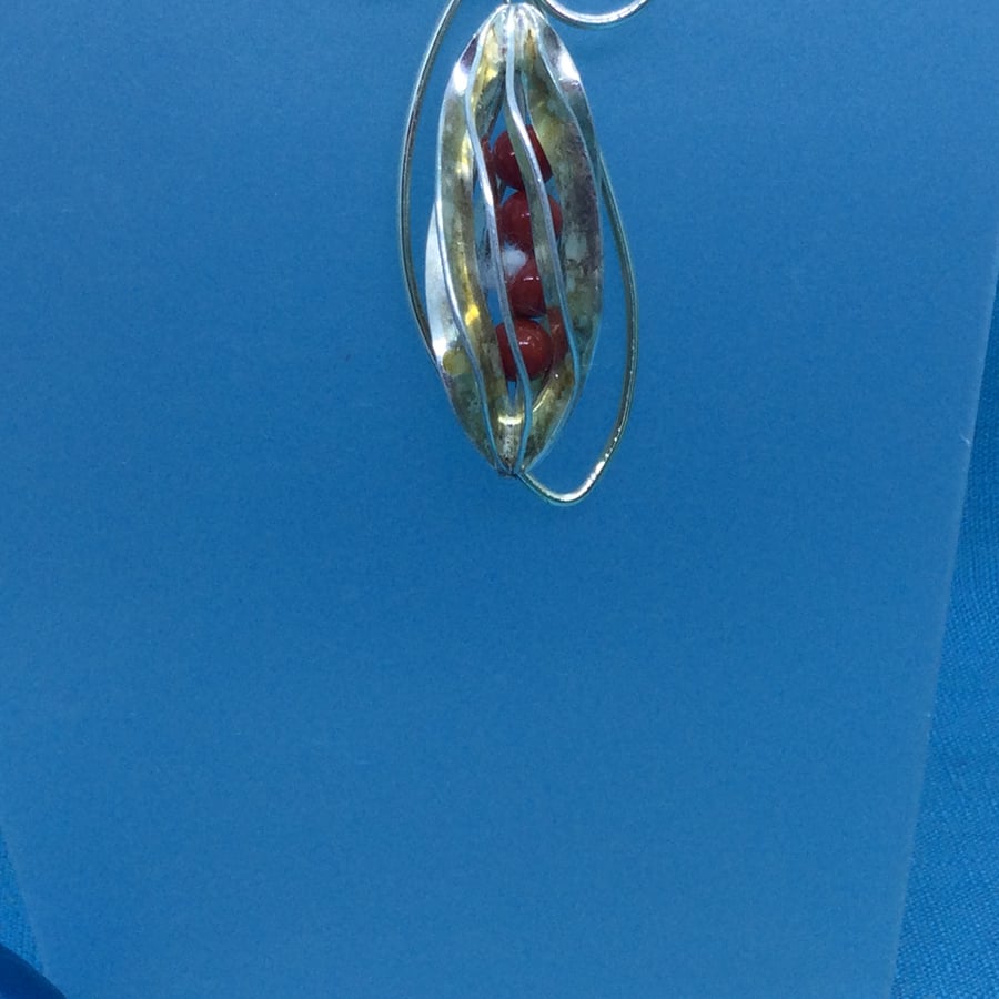 Silver Caged Red Coral Bead Pendant 