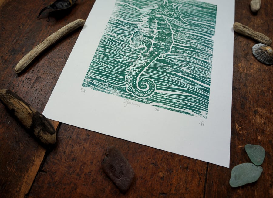 Seahorse Linocut Print