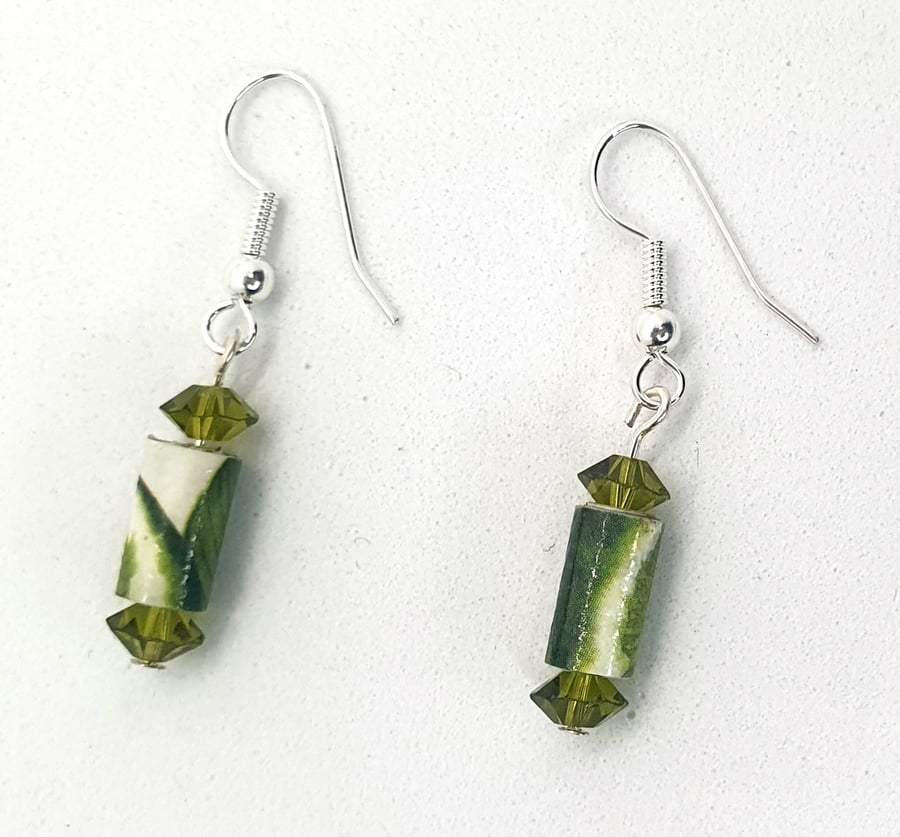 Gorgeous small paper beaded earrings with light reflecting green beads