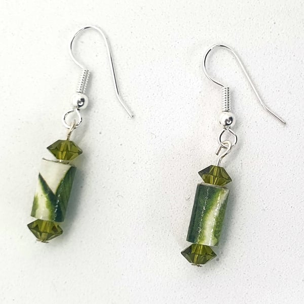 Gorgeous small paper beaded earrings with light reflecting green beads