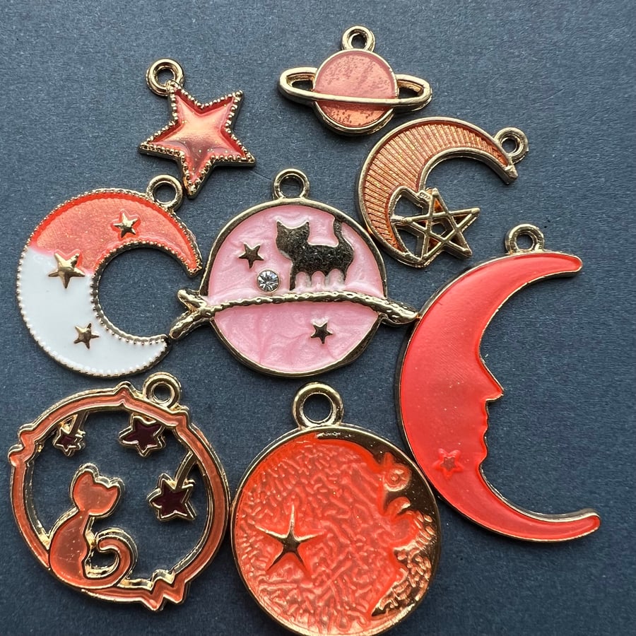 Coral Moon Charm, pink Enamel charms set, diy Celestrial jewellery making