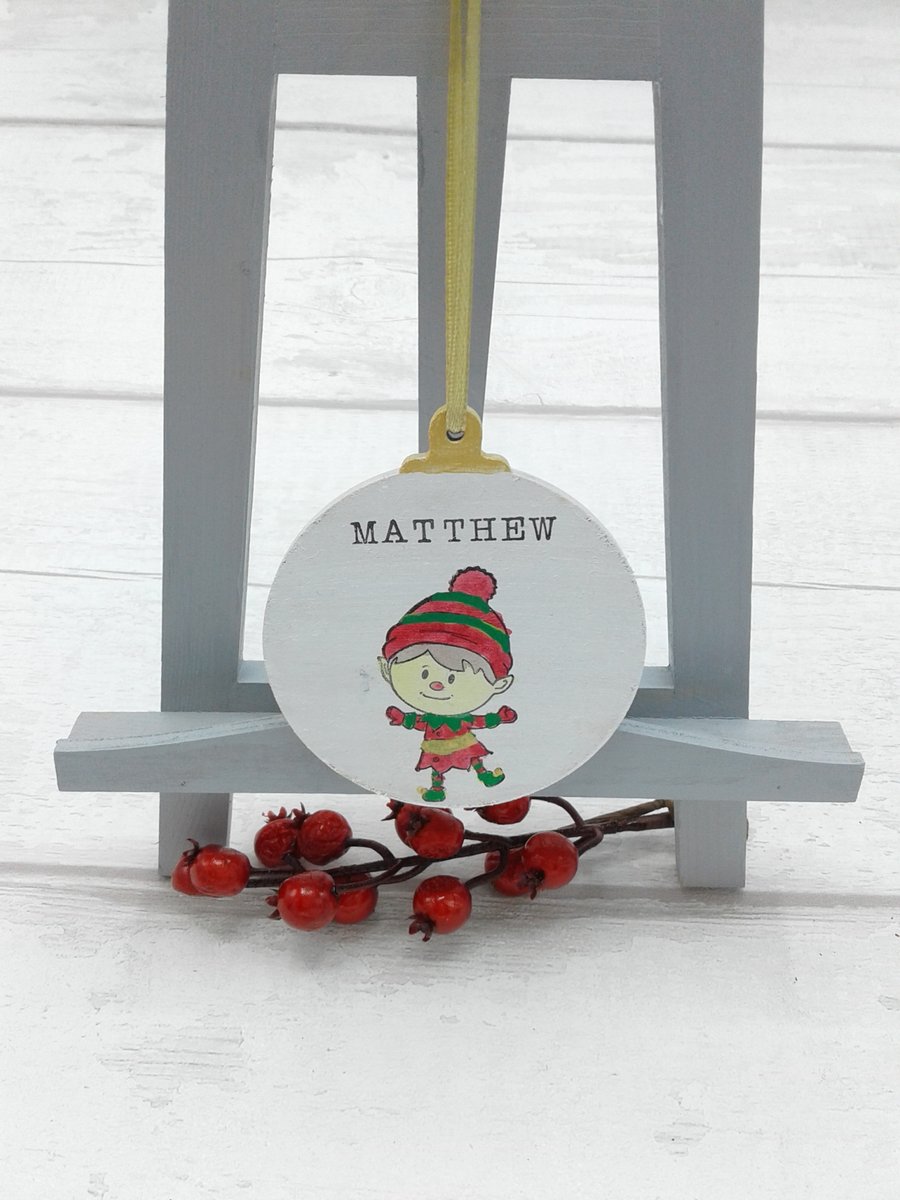 Personalised Christmas decoration. Tree decoration. Wooden bauble. Elf.