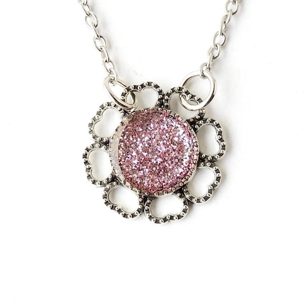 Pink Glitter Necklace, 18" Chain  (SALE)  184