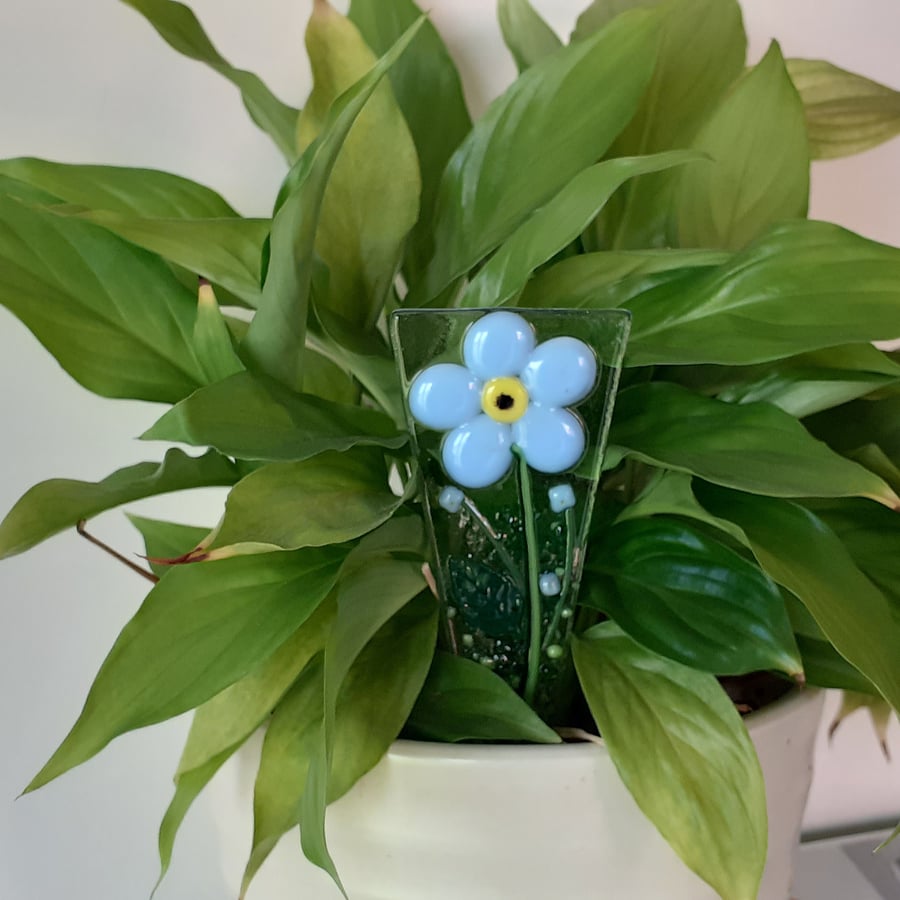 Fused glass plant pot stake, houseplant decoration, keepsake gift, forget me not