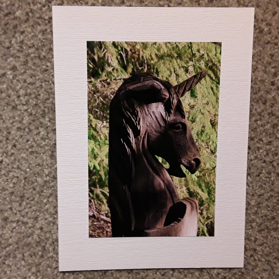 Photo greetings card of a Unicorn, done by chainsaw art. 