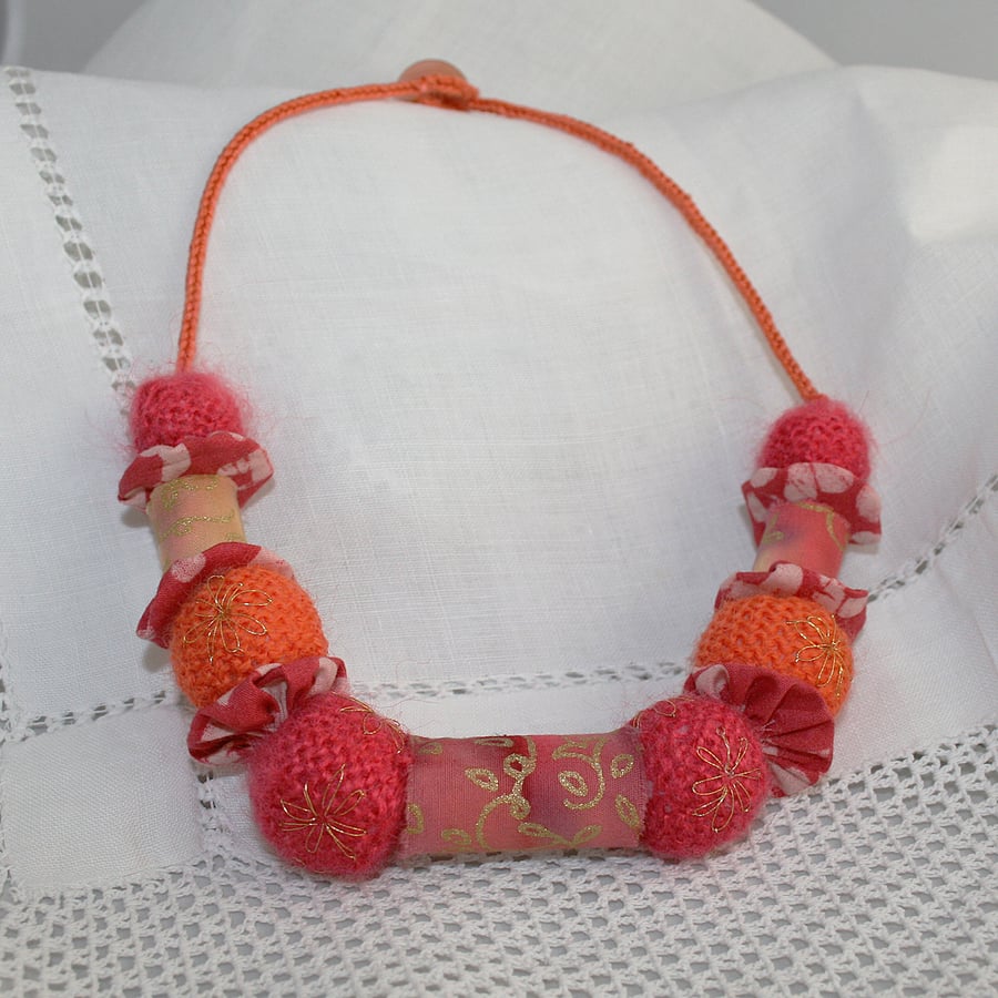 Hot Pink and Orange Textile Necklace