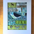 Mixed media picture with dragonfly, bird and butterfly. 