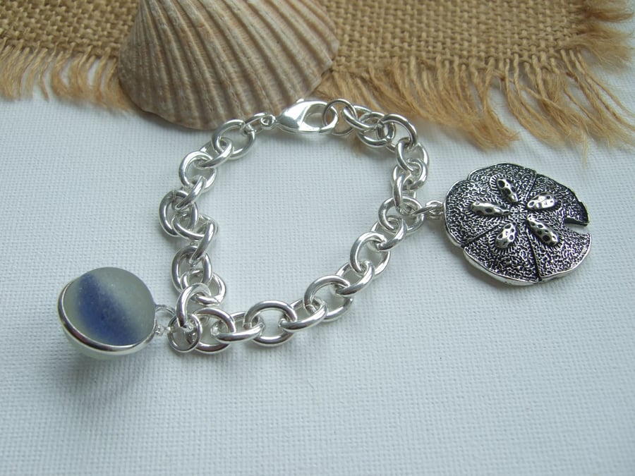 Sea glass marble bracelet, blue cat's eye marble bracelet silver plated bezel