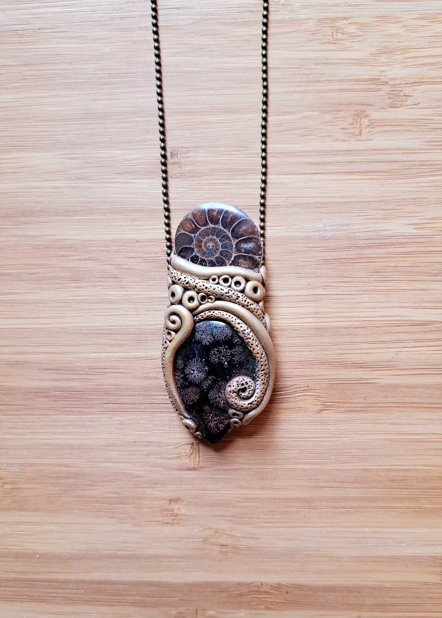 Ammonite with Fossil Coral and Polymer Clay Amulet Pendant
